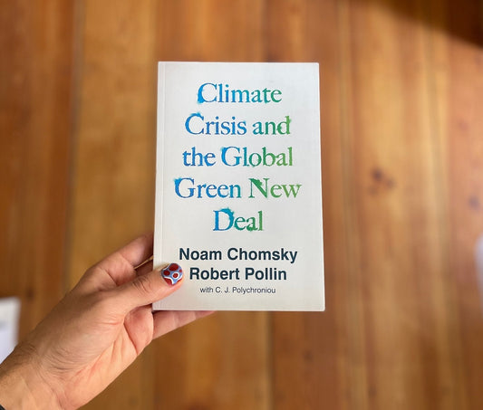 A hand with red and blue nail polish holds a white book with the title "Climate Crisis and the Green New Deal" against a wooden floor background.