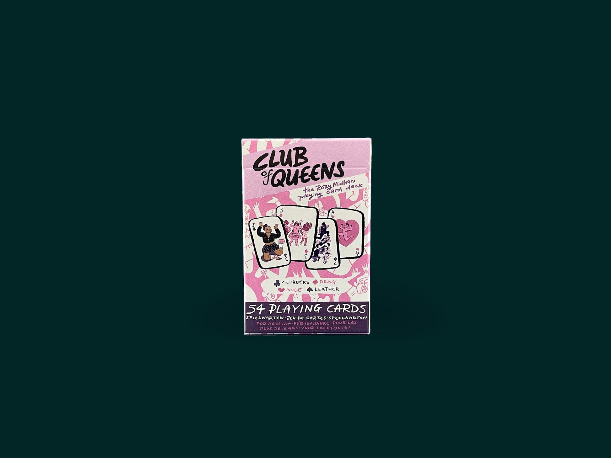 "Club of Queens", a deck of playing cards is laid out on a dark blue background, in ascending order per suit.