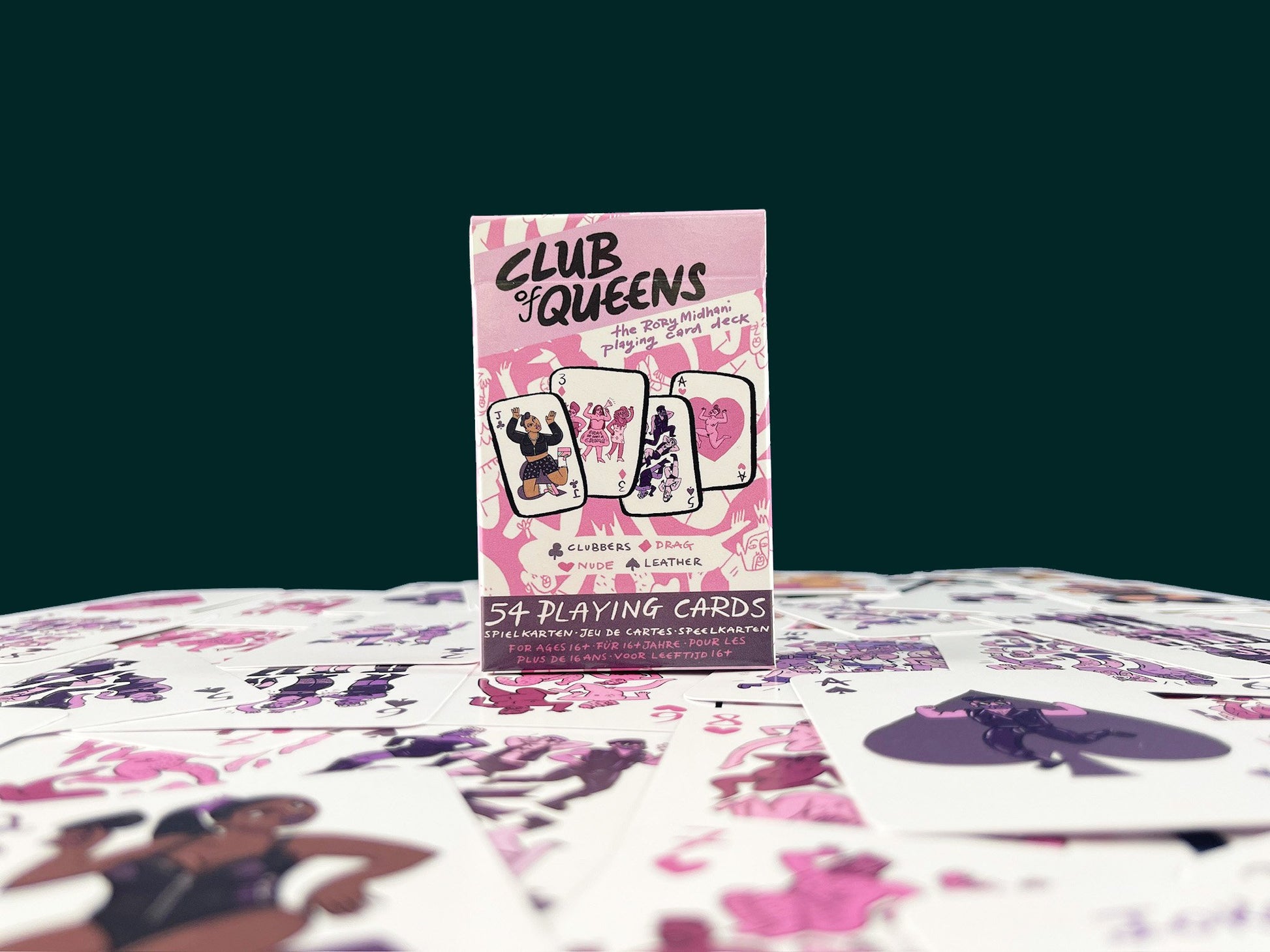 Bright purple and pink deck of 54 queer playing cards on a dark blue background.