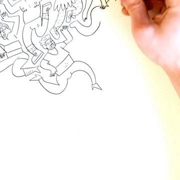 A GIF showing Rory Midhani illustrate his iconic pattern for the Club of Queens playing cards.