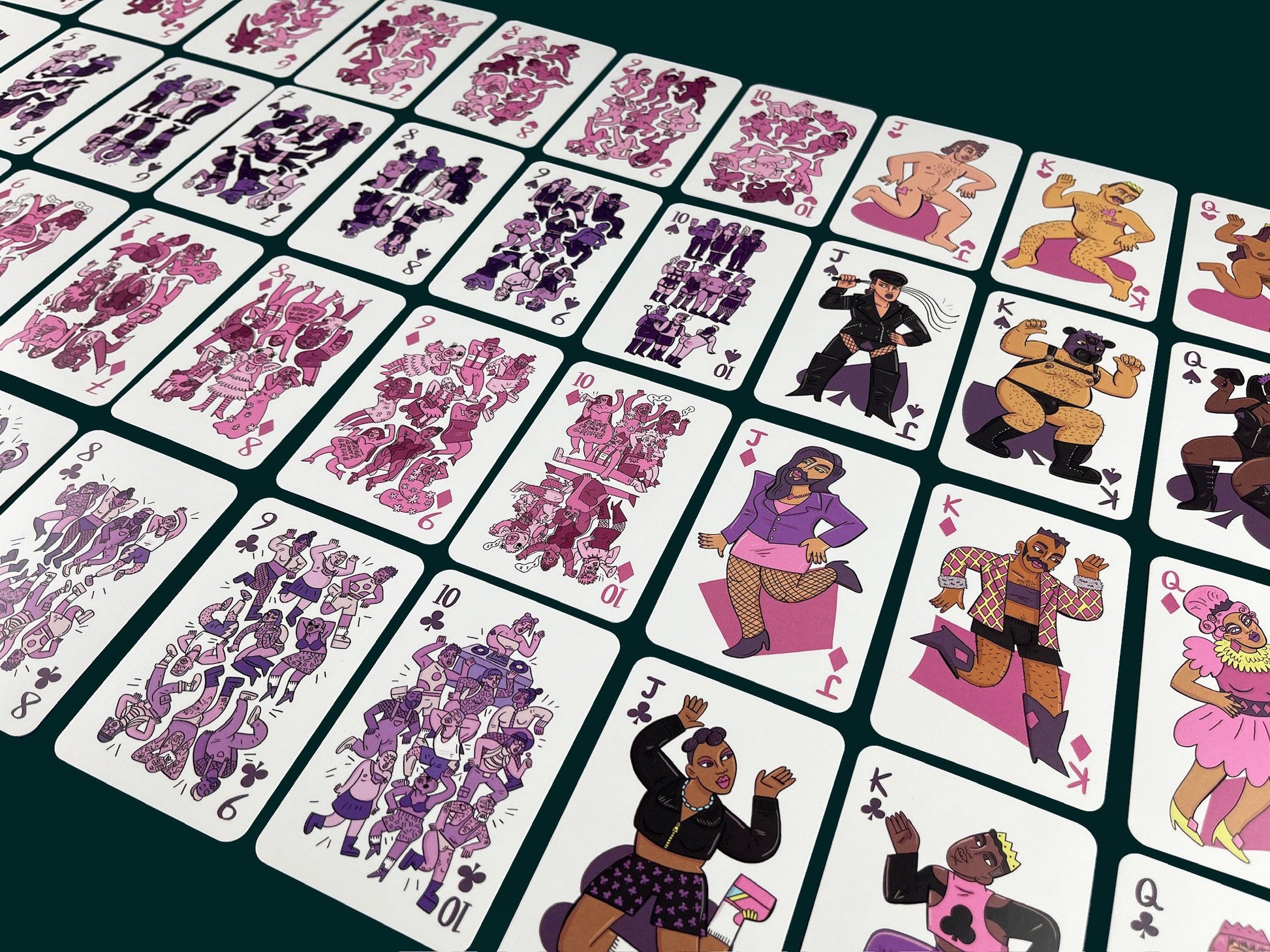 Playing cards laid out by suit on dark blue, showing queer and trans characters by Rory Midhani.