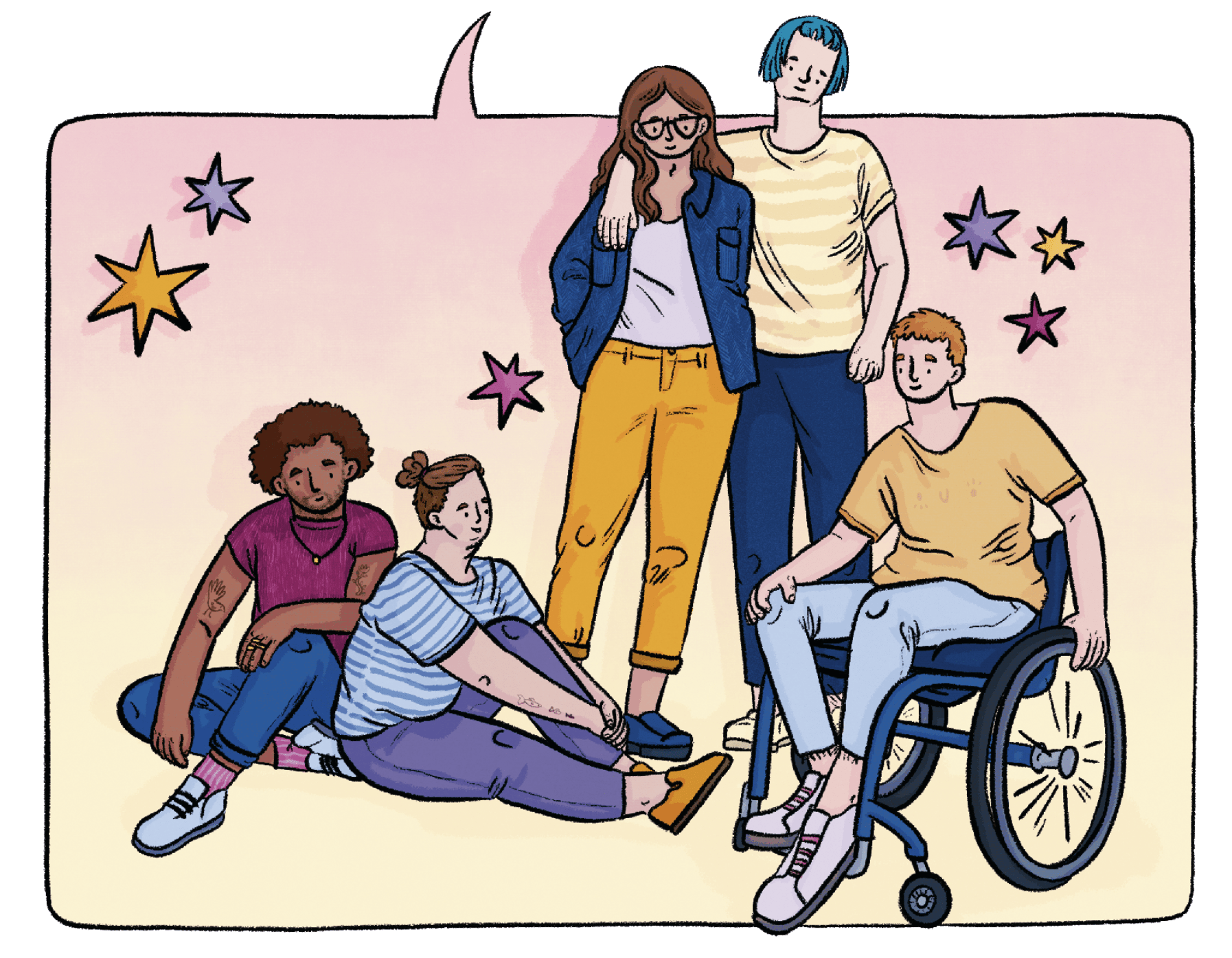 Five friends within a speech bubble from the illustrated workbook Einfach Gendern by Mercedes von Kulessa and Louie Läuger. Two people are sitting, two people are standing, and one is in a wheelchair, with stars around them.