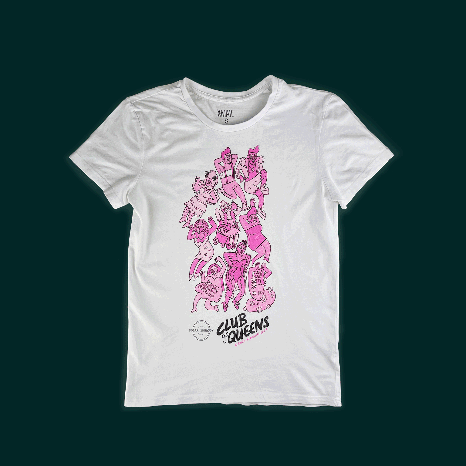 GIF of three white shirts on a dark green background, small, medium, and large. On the shirt is a pink graphic of nine drag queens, and "Club of Queens" with a black Polar Embassy logo.