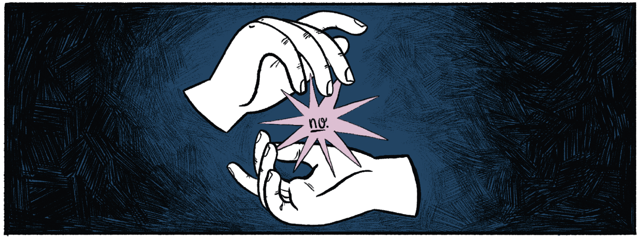 The word "no" within a star floating between two white hands against a dark shadowy background.