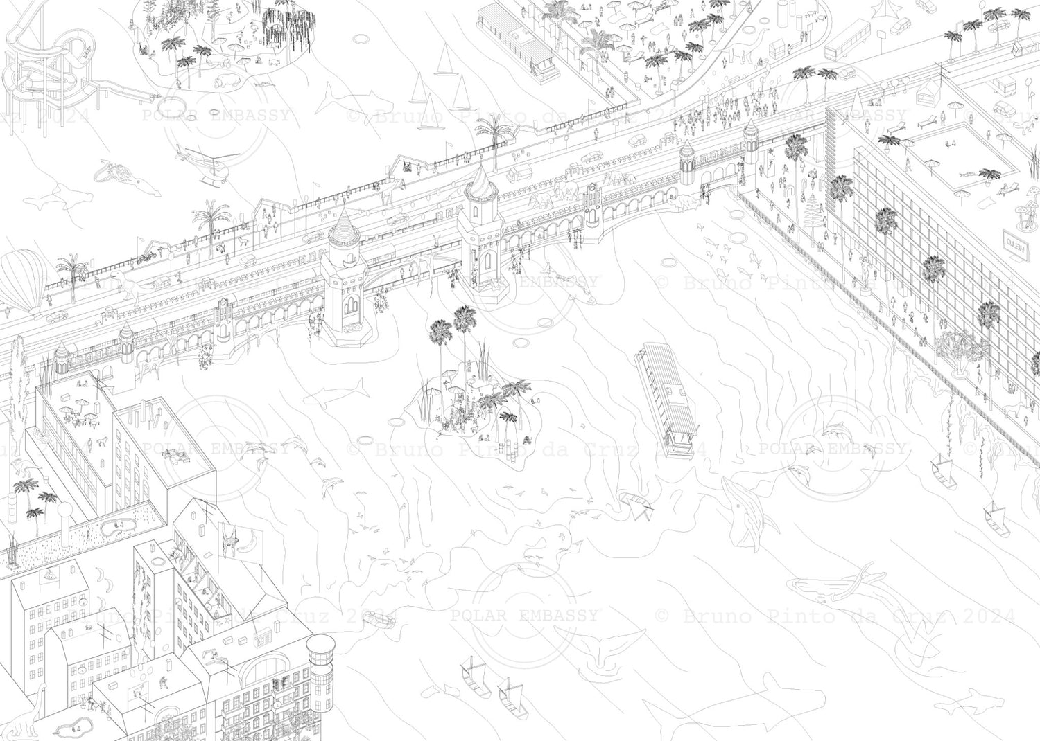 Black and white illustration of Oberbaumbrücke Berlin Kreuzberg. There are whales, dinosaurs, and happy chaos in the details.