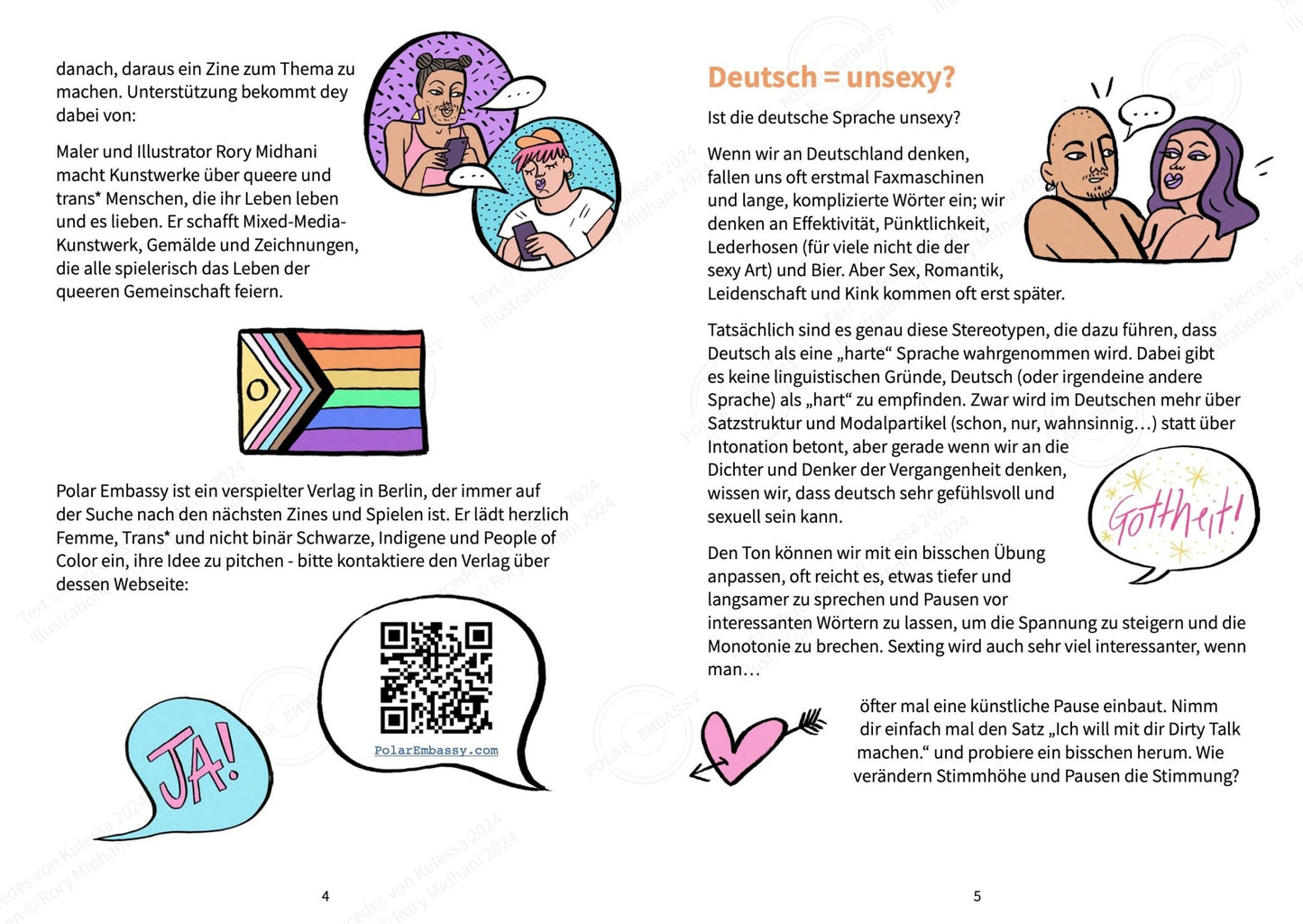Sprechblasen, Umarmungen und ein QR-Code – Bettgeflüster zeigt, wie Dirty Talk auf Deutsch inklusiv und sexy sein kann.