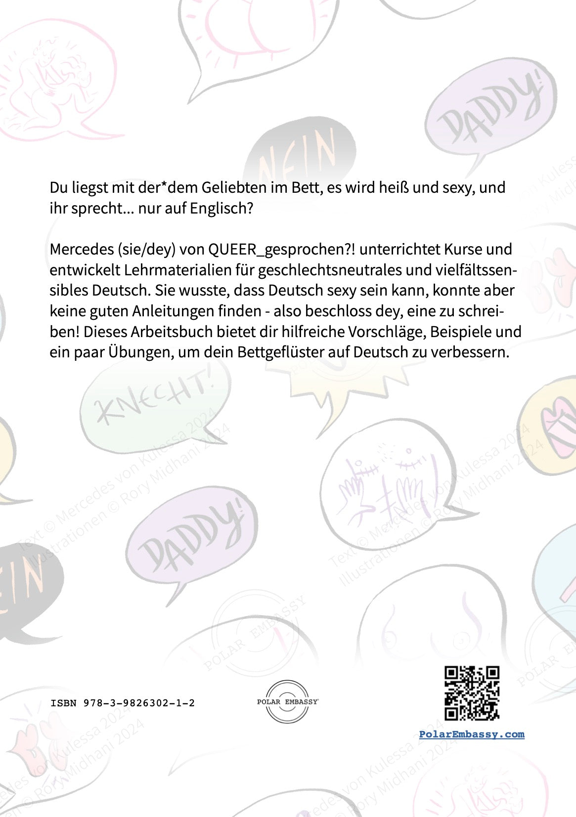 Rückseite vom Bettgeflüster Arbeitsbuch mit QR-Code, ISBN und Zitaten wie “Daddy” – dein Erotik-Sprachführer auf Deutsch.
