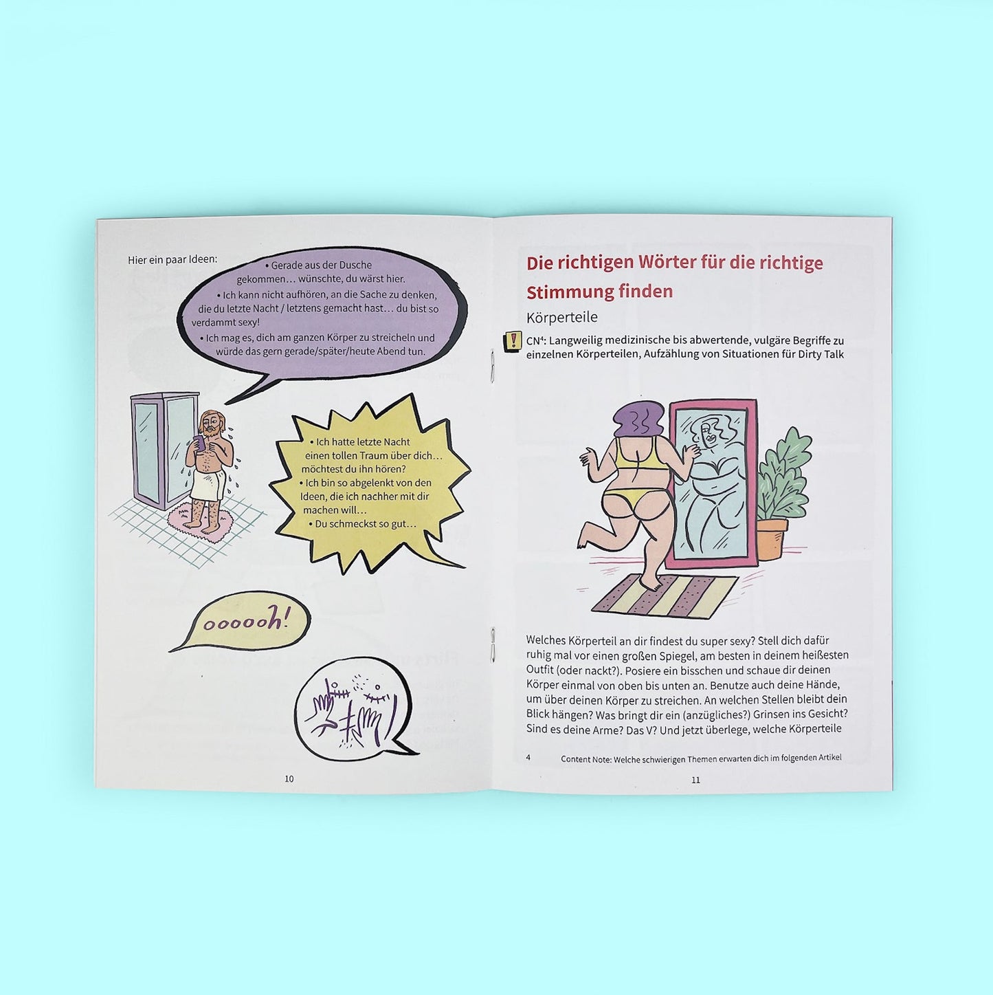 Doppelseite aus dem Bettgeflüster Arbeitsbuch: Figuren nach dem Duschen und beim Sexten - Dirty Talk auf Deutsch üben.