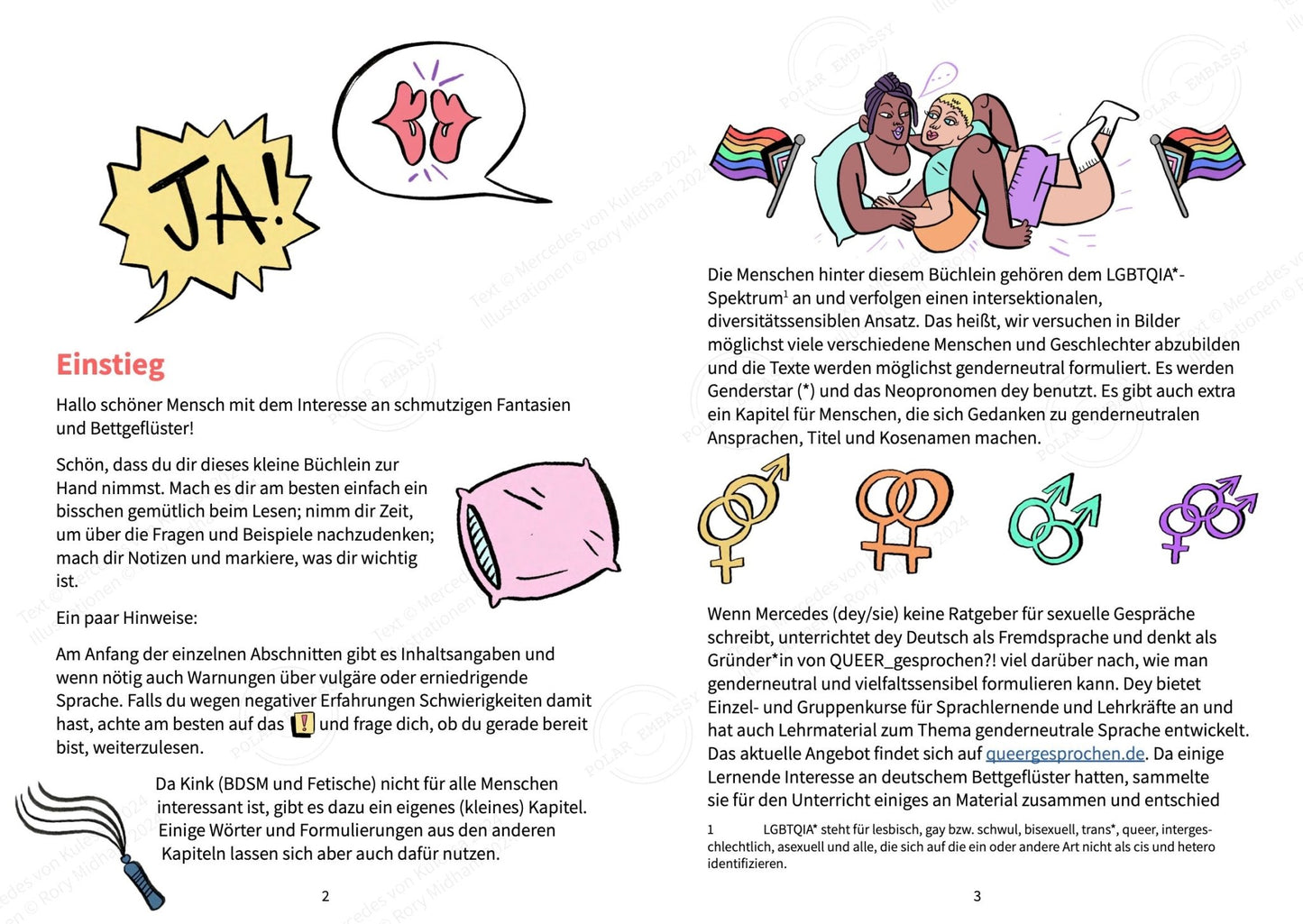 Illustration aus dem Erotik-Sprachführer Deutsch: queeres Paar zwischen Pride-Flaggen und vielfältigen Geschlechtersymbolen.