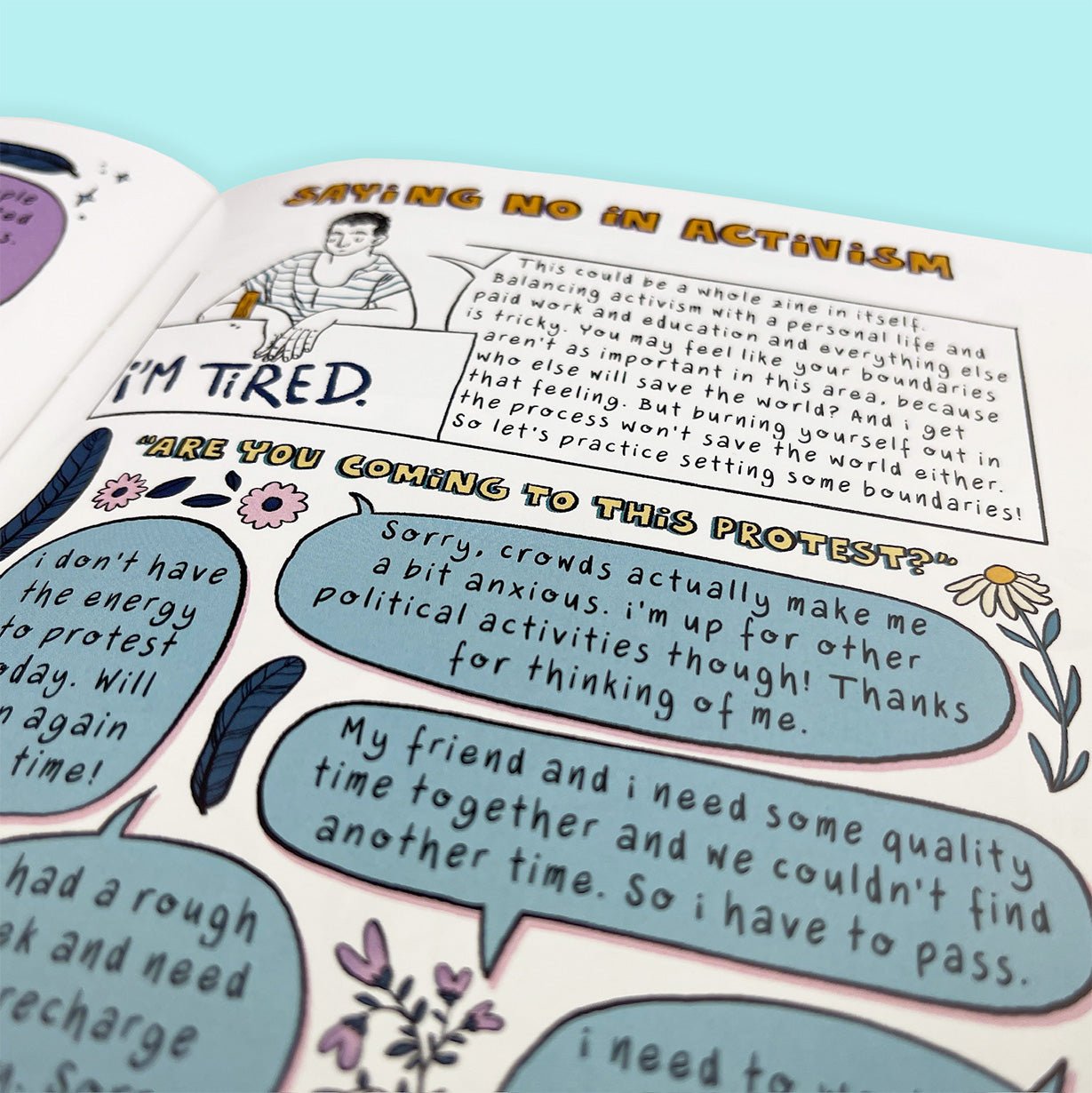 Open page from How to Say No assertiveness workbook on boundaries and setting limits in activism, dating, and work.