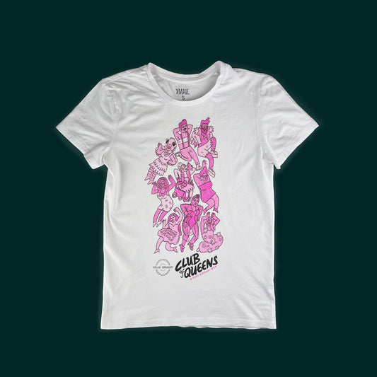 Club of Queens upcycled t-shirt with nine pink drag queens art by Rory Midhani, screenprinted by hand on white cotton in Berlin.
