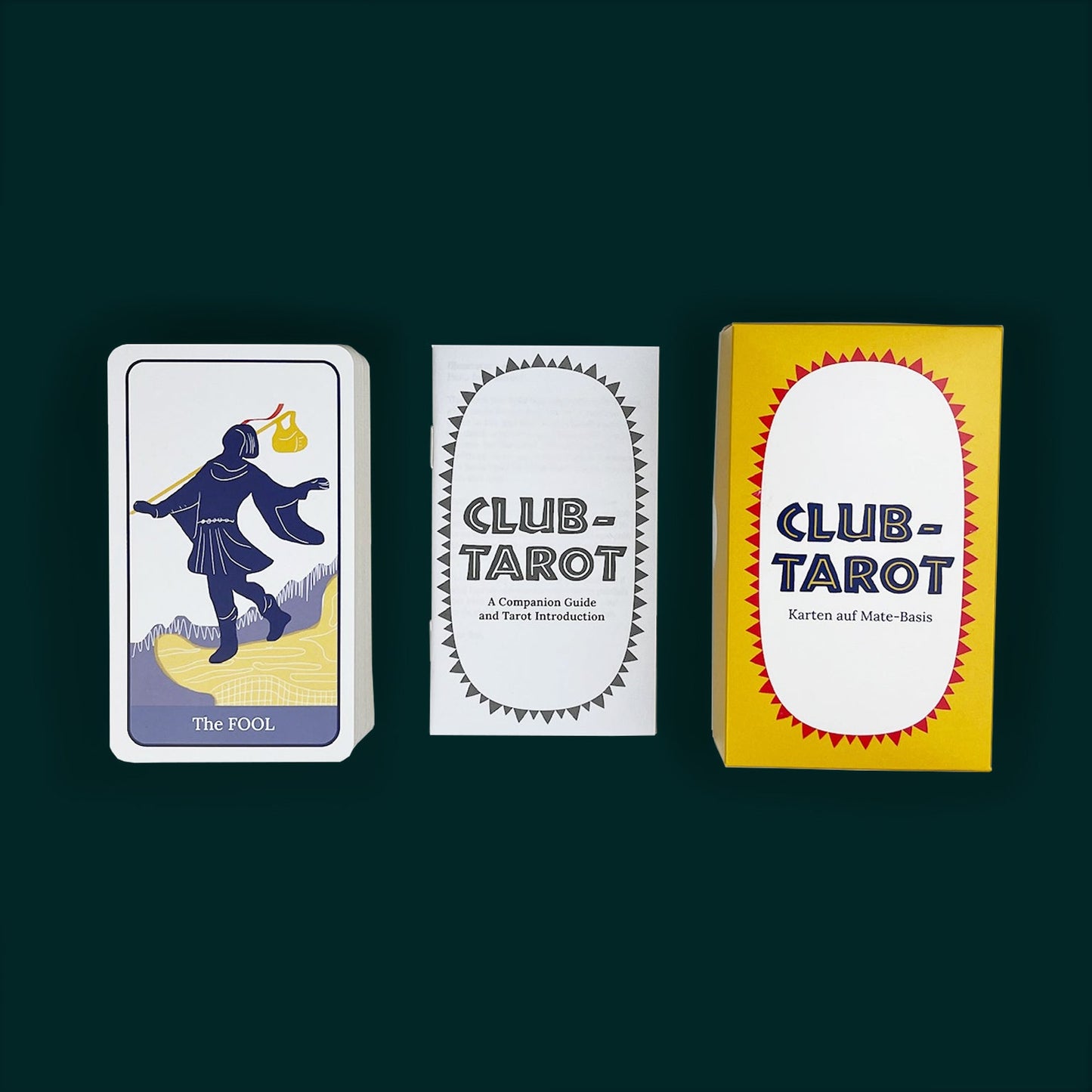 Club Tarot Deck inspired by Club Mate with Fool card, yellow box, and beginner tarot guidebook