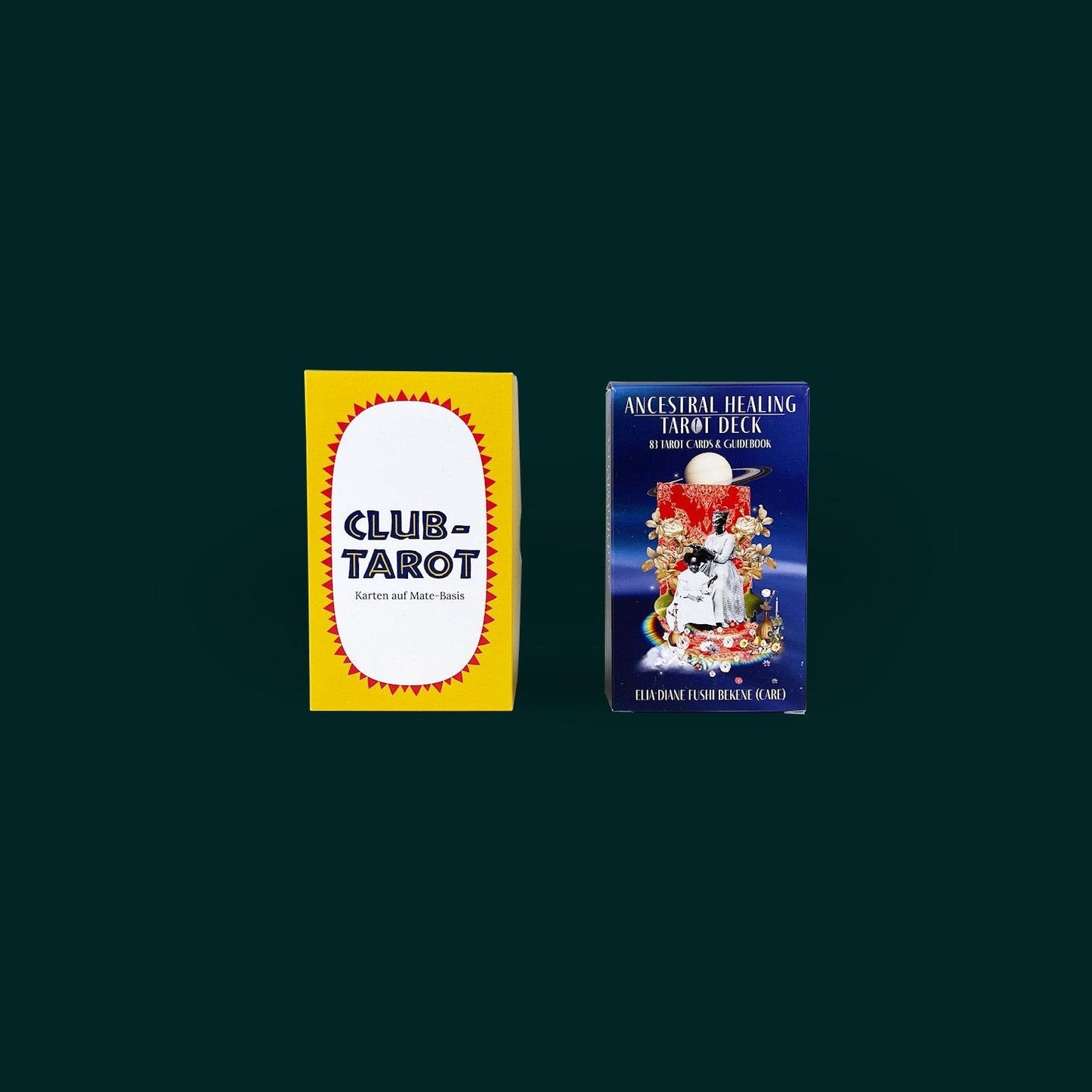 Club Tarot Deck and Ancestral Healing Tarot Deck on dark green background – queer tarot cards with guidebooks