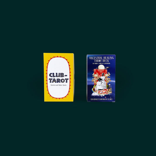 Club Tarot Deck and Ancestral Healing Tarot Deck on dark green background – queer tarot cards with guidebooks