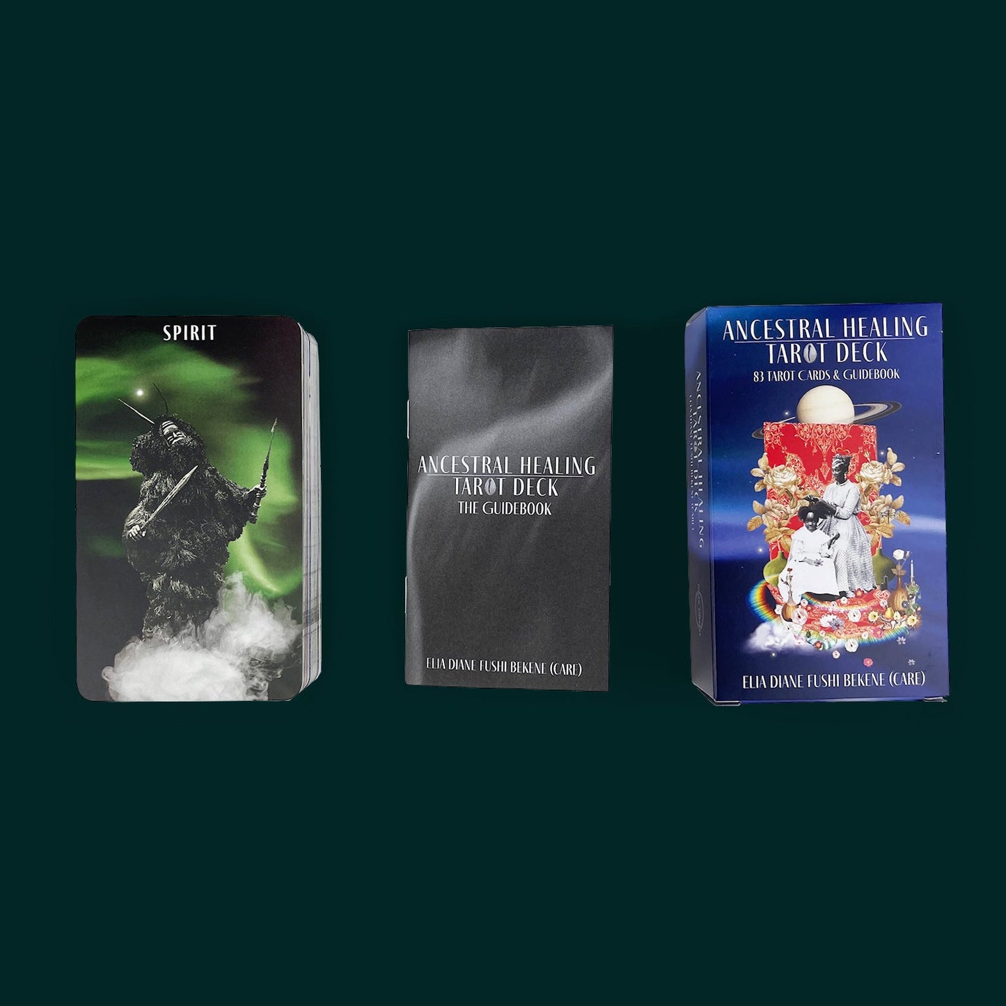 Ancestral Healing Tarot Deck with SPIRIT card, guidebook, and blue box featuring collage art