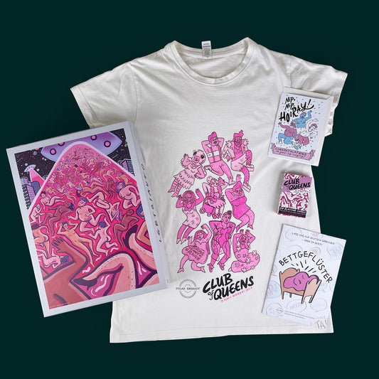A white cotton t-shirt with pink drag queens, a deck of playing cards, a workbook, and a puzzle by Rory Midhani against a dark green background