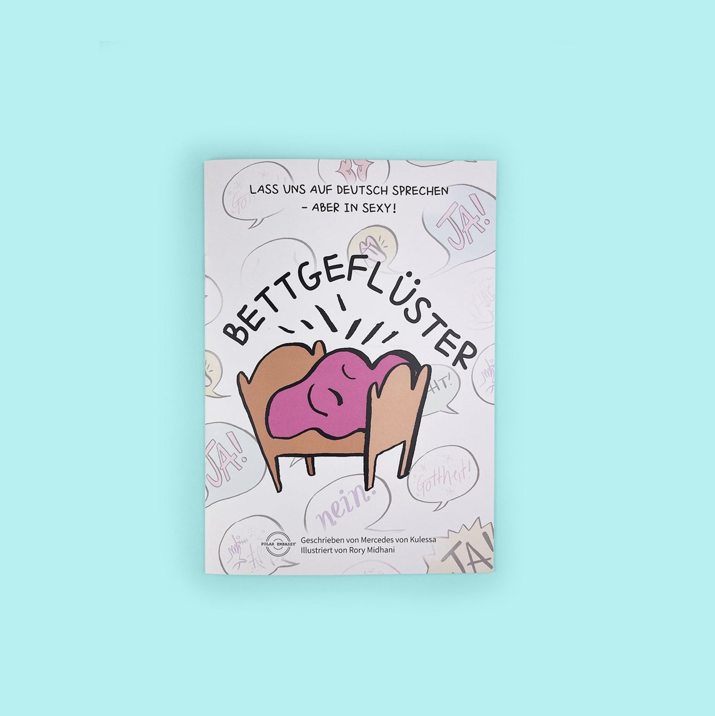 Cover vom Bettgeflüster Arbeitsbuch für Dirty Talk auf Deutsch mit Ja/Nein-Sprechblasen und Kussszenen.