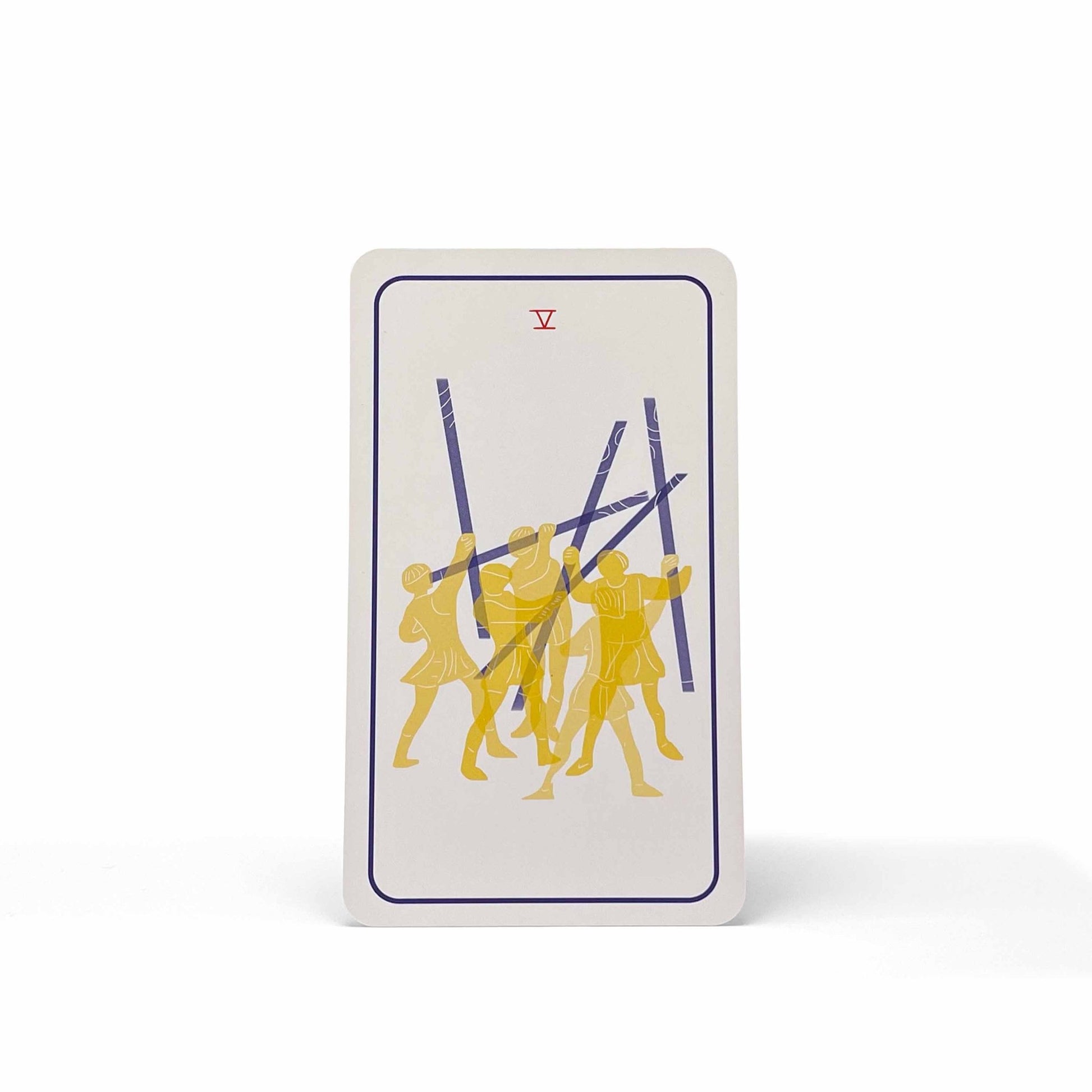 Five of Wands from the Club Tarot deck – a modern tarot card of conflict and tension, full of chaotic competitive energy.