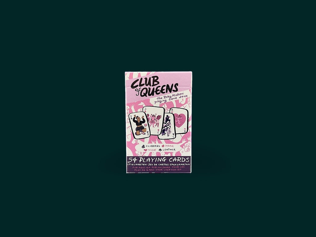"Club of Queens", a deck of playing cards is laid out on a dark blue background, in ascending order per suit.