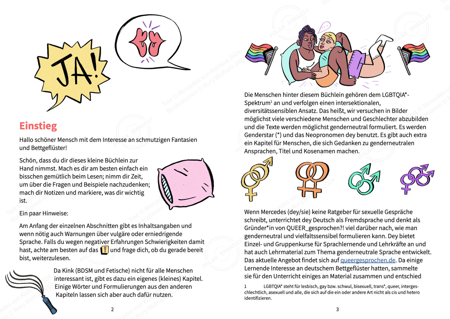Beispiel für eine Doppelseite aus dem illustrierten Arbeitsbuch "Bettgeflüster". Es gibt ein Cartoon-Paar, das sich zwischen inklusiven Pride-Flaggen kuschelt, sowie Geschlechtersymbole, die weiblich/männlich, weiblich/weiblich, männlich/männlich und weiblich/männlich/männlich zeigen.