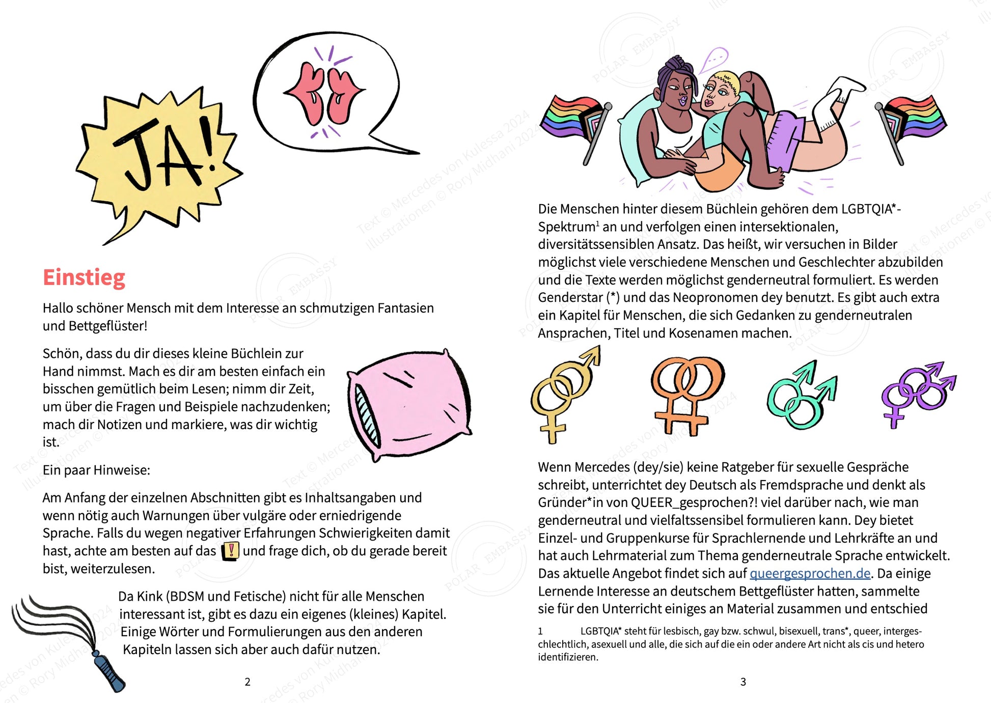 Beispiel für eine Doppelseite aus dem illustrierten Arbeitsbuch "Bettgeflüster". Es gibt ein Cartoon-Paar, das sich zwischen inklusiven Pride-Flaggen kuschelt, sowie Geschlechtersymbole, die weiblich/männlich, weiblich/weiblich, männlich/männlich und weiblich/männlich/männlich zeigen.