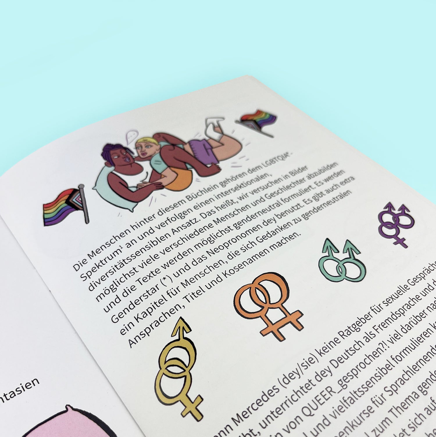 Close up of page from Bettgeflüster Workbook showing cute queer characters snuggling, inclusive pride flags, and a spectrum of gender pairing symbols.