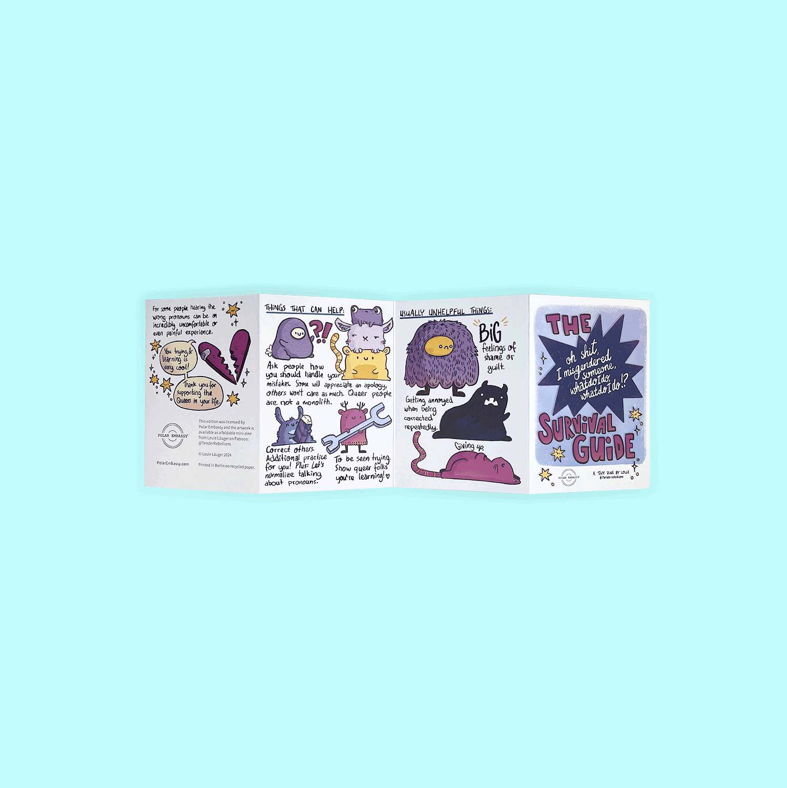 GIF of a mini-zine about what to do when you misgender someone by illustrator Louie Läuger for Polar Embassy. Against a light blue background. 