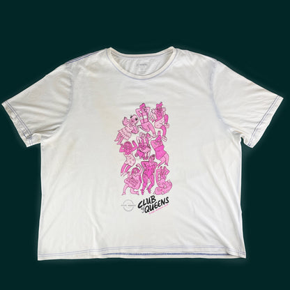 Nine pink drag queens and kings are hand-screen printed on a 4XL white shirt on a dark green background. The Polar Embassy logo and "Club of Queens, Rory Midhani 2024" are below the graphic.