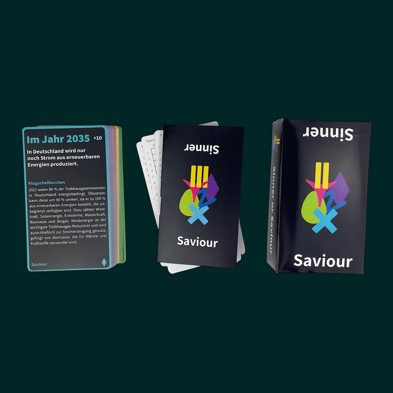 A boxed set of the card game Sinner or Saviour against a dark green background. On the left is a stack of cards, in the middle is a guidebook on top of scorecards, and the box is on the right.