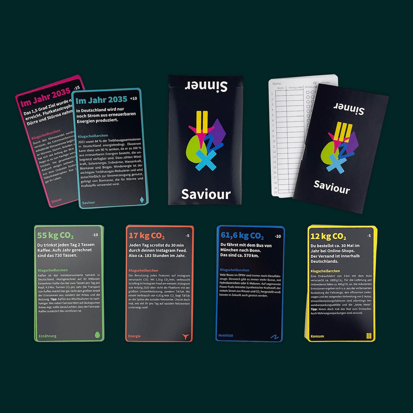 A view of the educational game Sinner or Saviour from above. Cards are stacked in 6 categories (Mobility, Energy, etc.), with the box, scorecards, and guidebook against a dark green background.