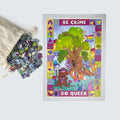 Colorful puzzle with tree design and text 'Be Crime Do Queer' on a gray background.