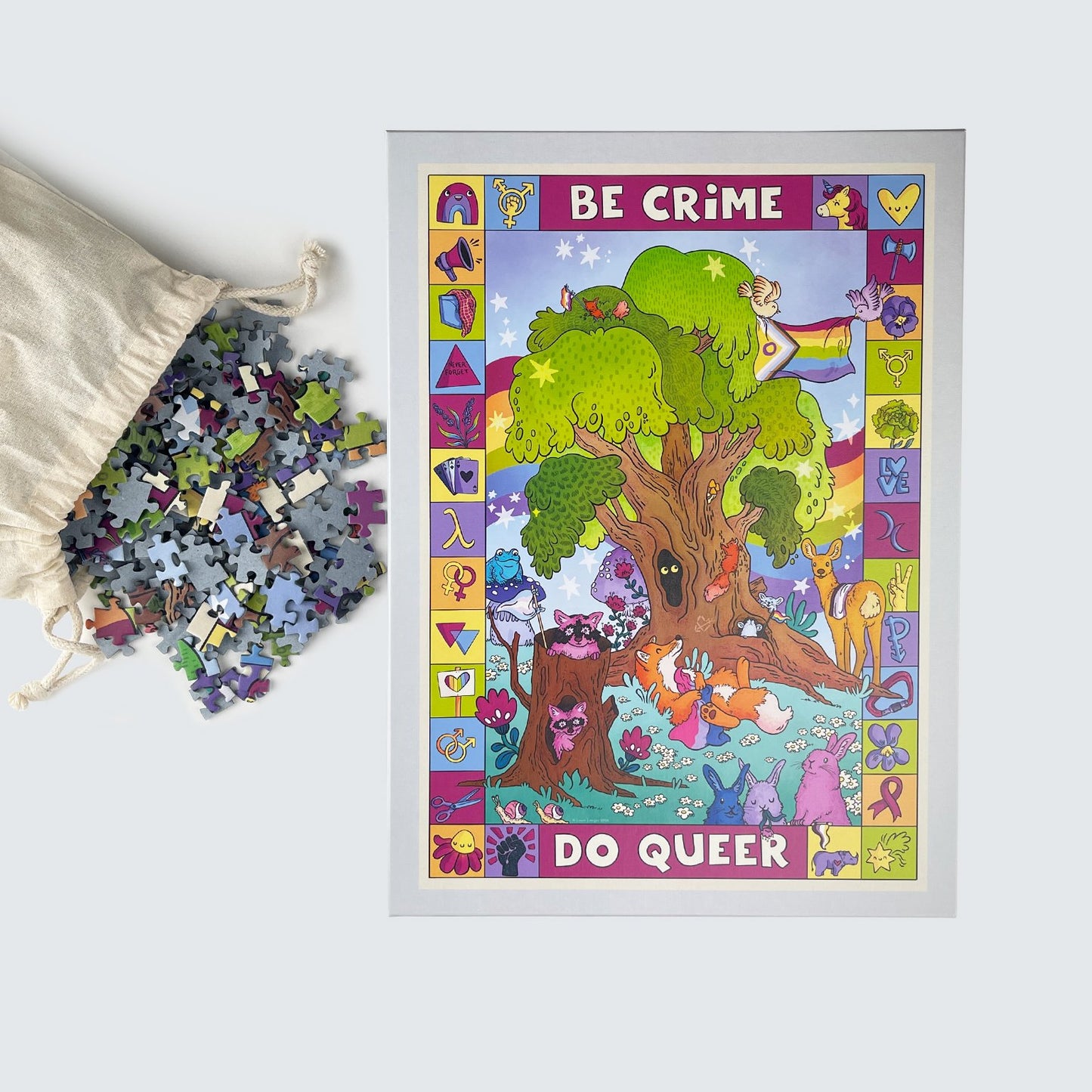 Colorful puzzle with tree design and text 'Be Crime Do Queer' on a gray background.