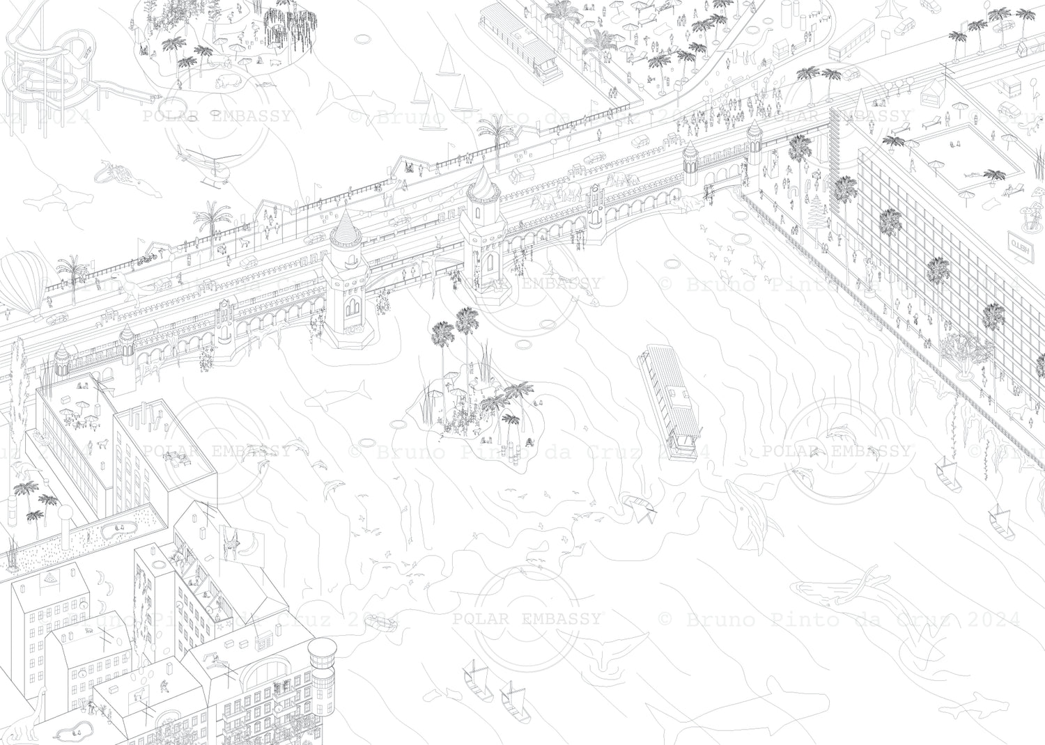 Black and white illustration of Oberbaumbrücke Berlin Kreuzberg. There are whales, dinosaurs, and happy chaos in the details.
