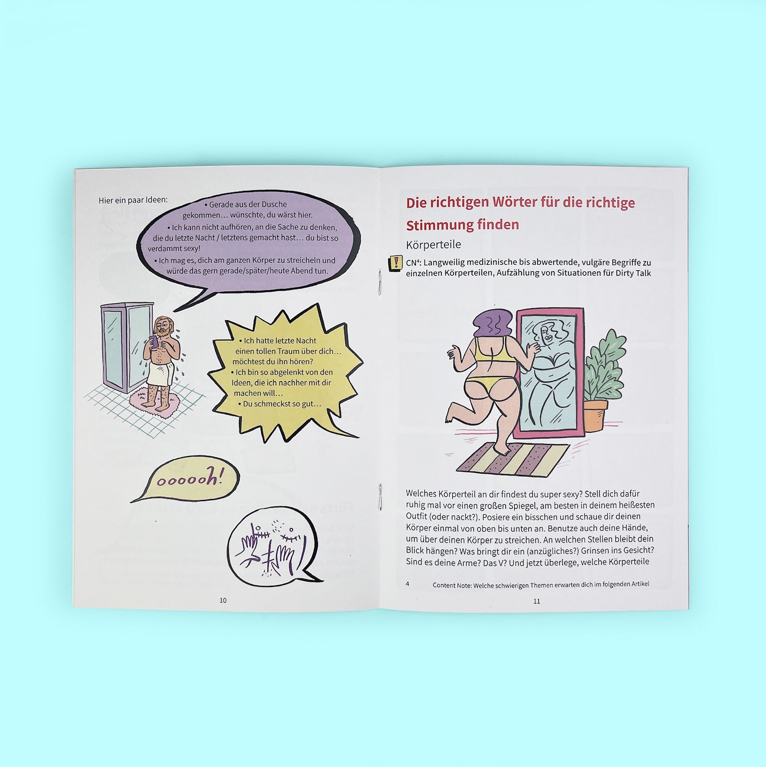 Front view of the middle page from Bettgeflüster published by Polar Embassy. It shows cute characters coming out the shower and texting, along with suggestions for texting. On the other side is a character looking in the mirror.