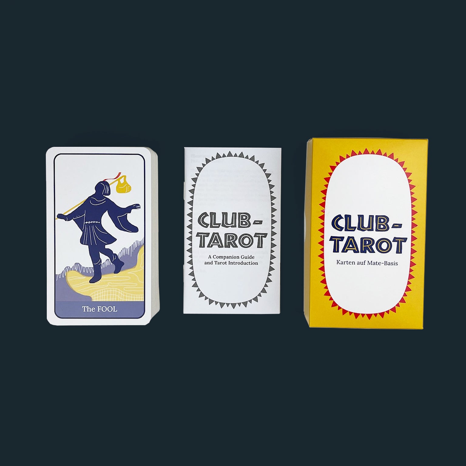 Deck of Tarot Cards in the style of Club Mate on a dark green background. The box is yellow and red, the guidebook is in black and white, and on the left is a pile of Tarot cards with the Fool on top.