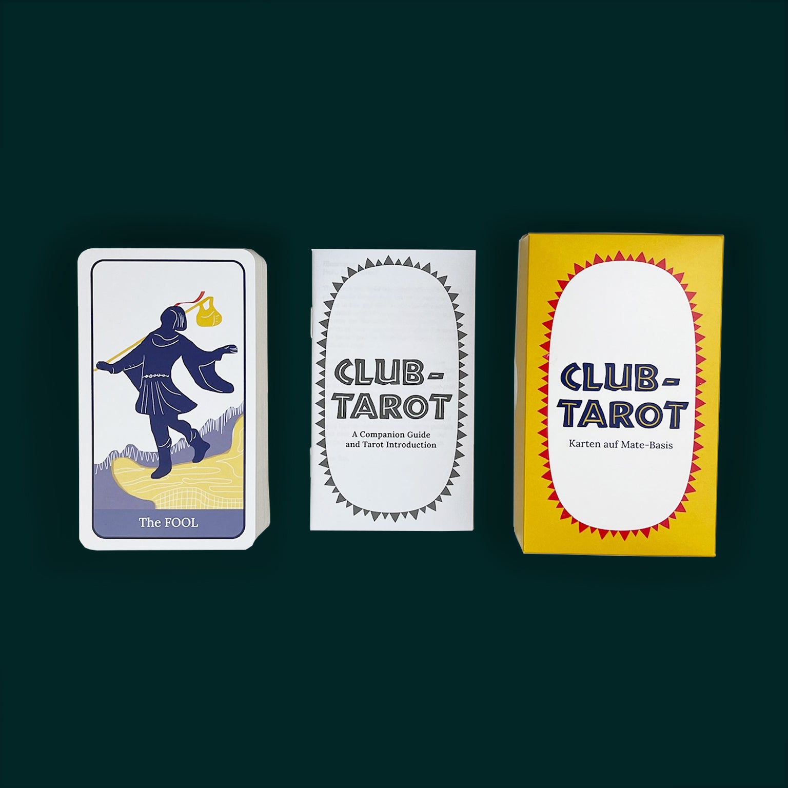 Deck of Tarot Cards in the style of Club Mate on a dark green background. The box is yellow and red, the guidebook is in black and white, and on the left is a pile of Tarot cards with the Fool on top.