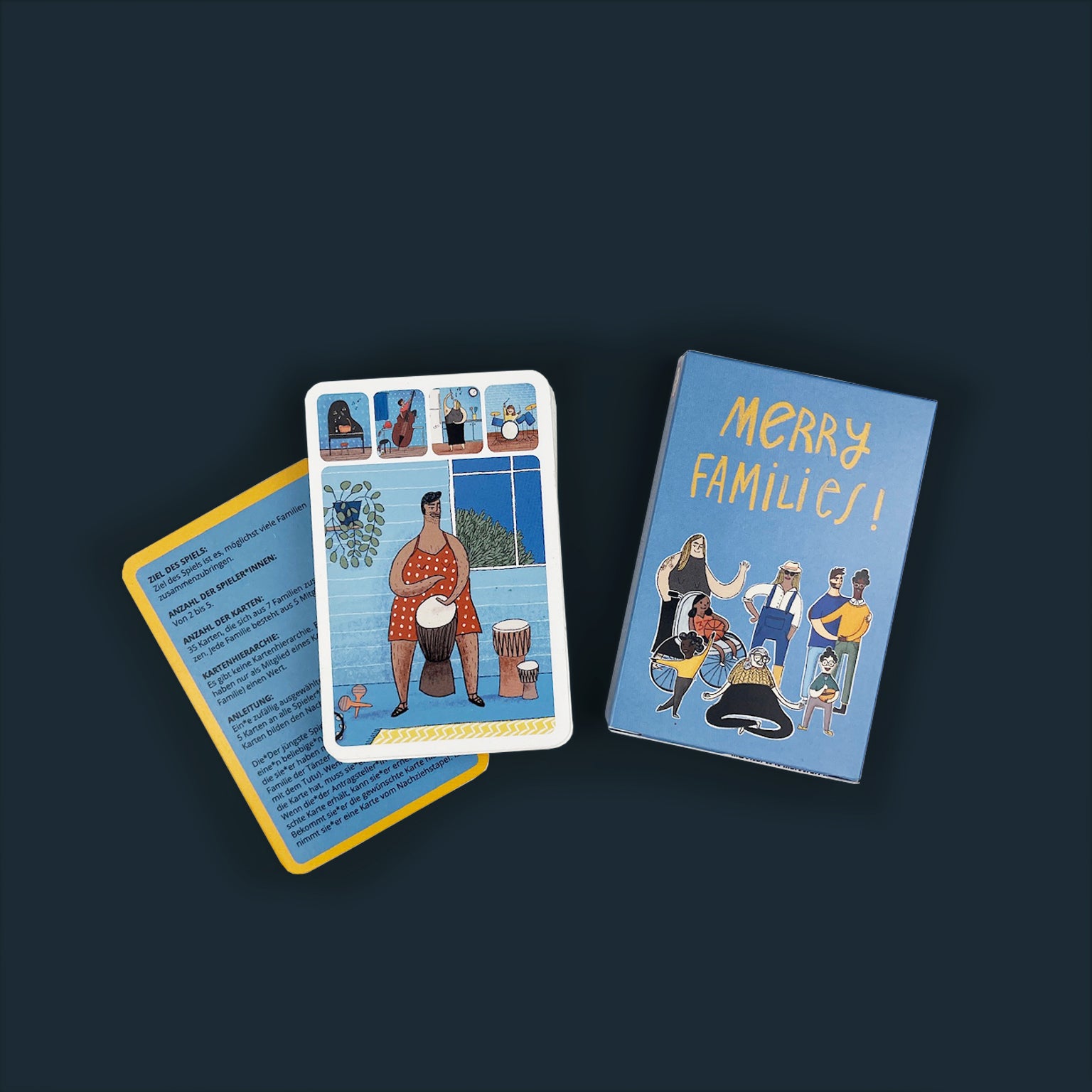 A blue deck of cards for kids on a dark blue background. The top card on the pile shows a person in a dress playing the drums. An instruction card sticks out from below the pile.