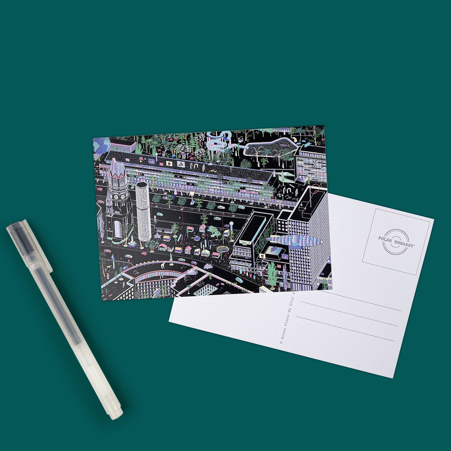 02: A postcard with an illustration of Breitscheidplatz in Berlin Charlottenburg with a pen, on a dark green background.