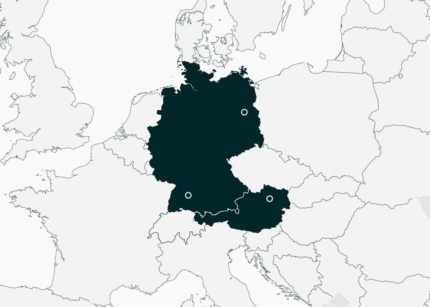 Map of central Europe, with Germany and Austria in dark green, and the surrounding countries in gray with a thin border. Turquouise circles are on two cities in Germany, and one in Austria, showing Poler Embassy's supply chain.