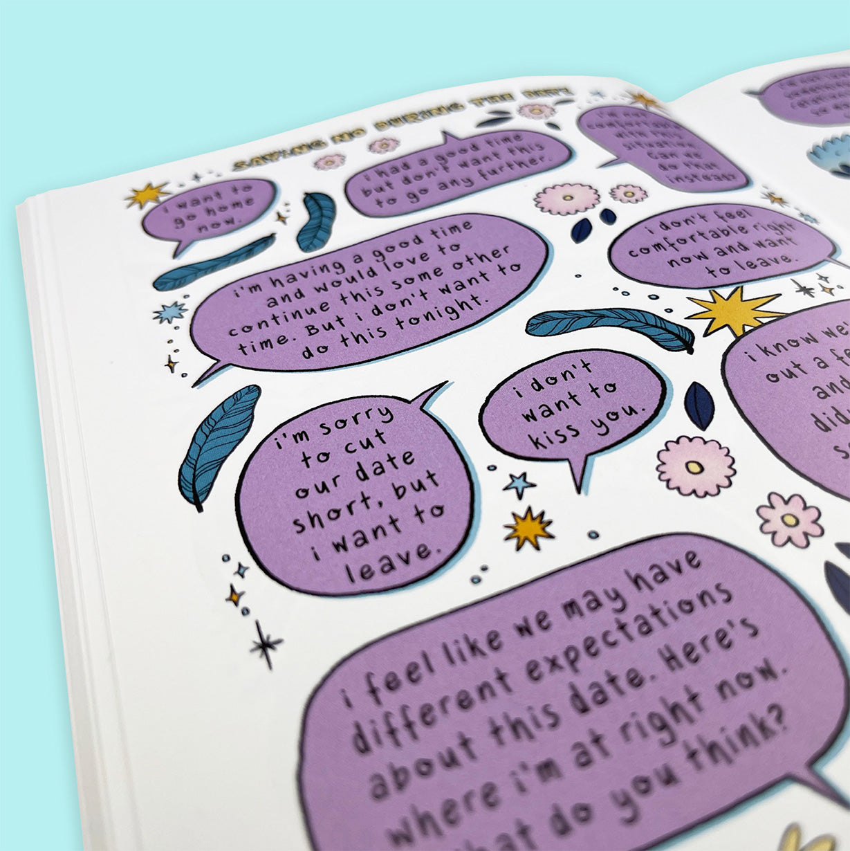 An open page from Louie Läuger's "How to Say No" published by Polar Embassy, against a light turquoise background. The page has the title "Saying No during the date", with a few suggestions like "I'm sorry to cut our date short, but I want to leave." and "I don't want to kiss you."