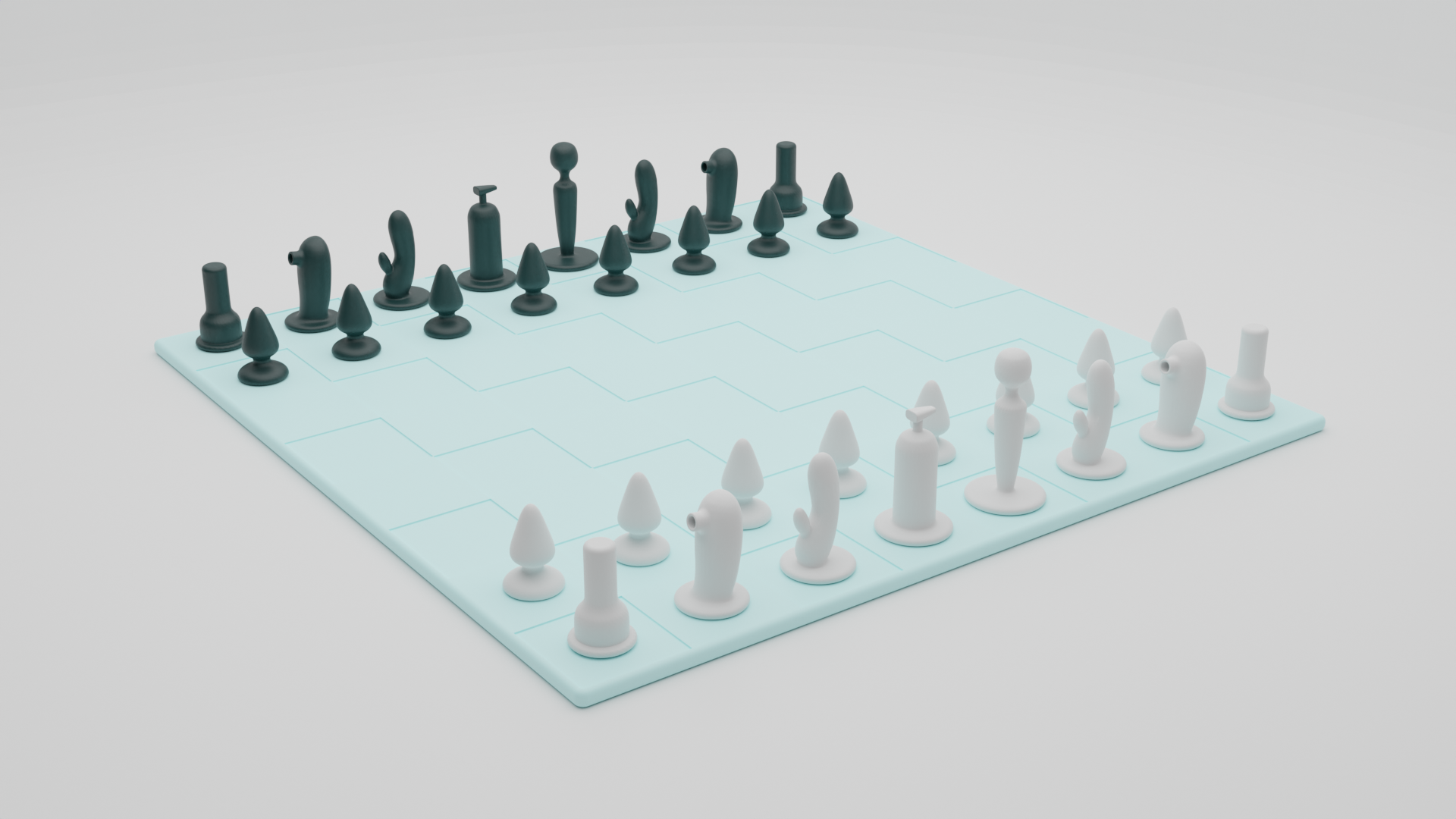 A 3D model of a chess set with pieces that look like sex toys. The board is a light blue, and the pieces are dark green and gray.