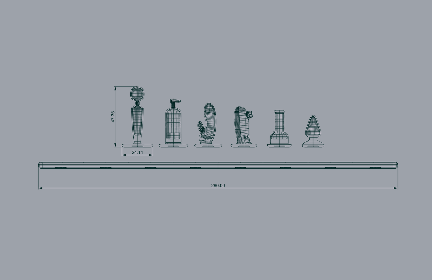 Design drawing showing dimensions of 6 chess pieces and a board. The board is 280 x (280 x) 8 mm, and the largest piece on the left is 24 x (24 x) 47.