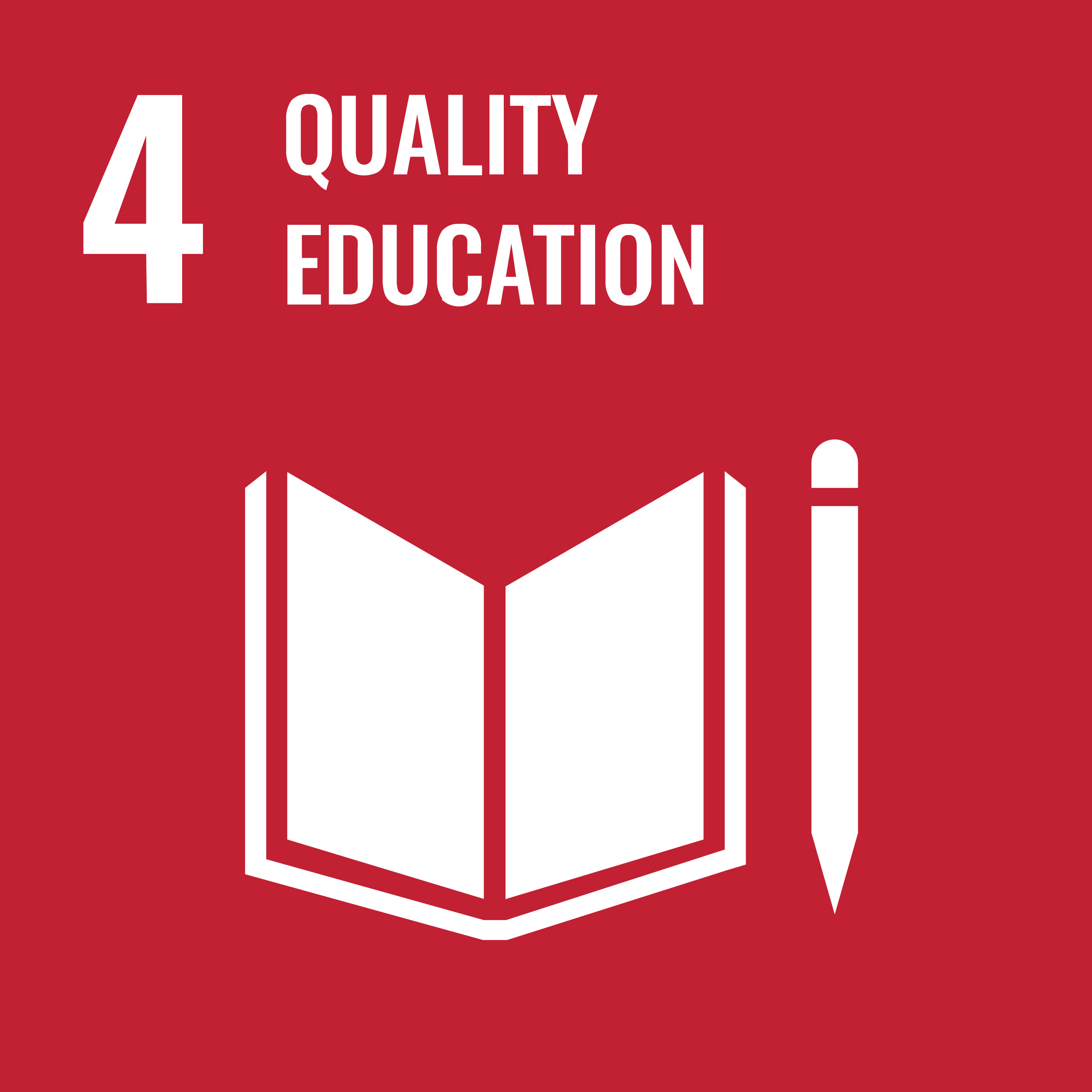 UN Sustainable Development Goal 4. "Quality Education" with book and pencil symbols on a red background.