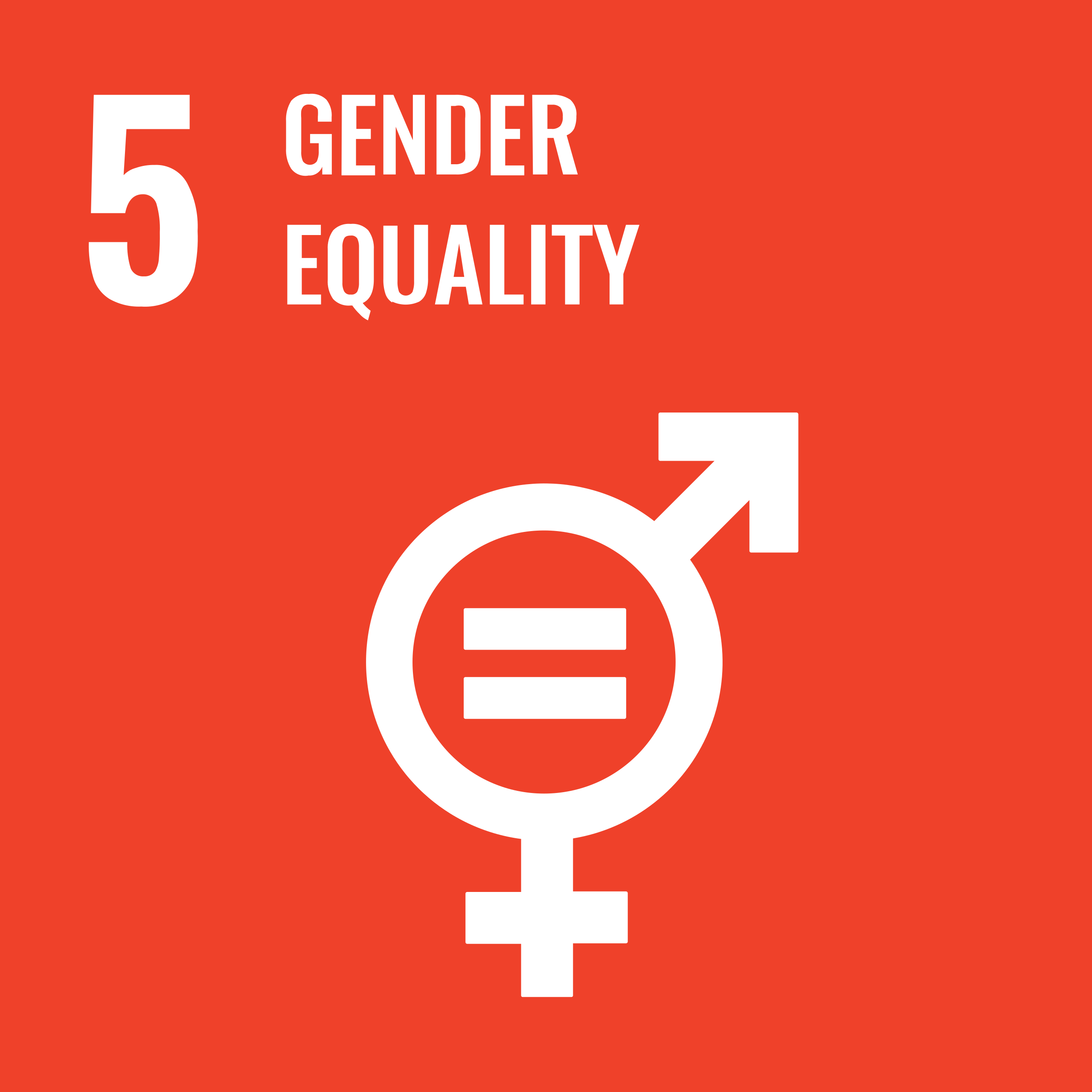 UN Sustainable Development Goal 5. "Gender Equality" with a male/female symbol with an equal sign in the middle on orange background.