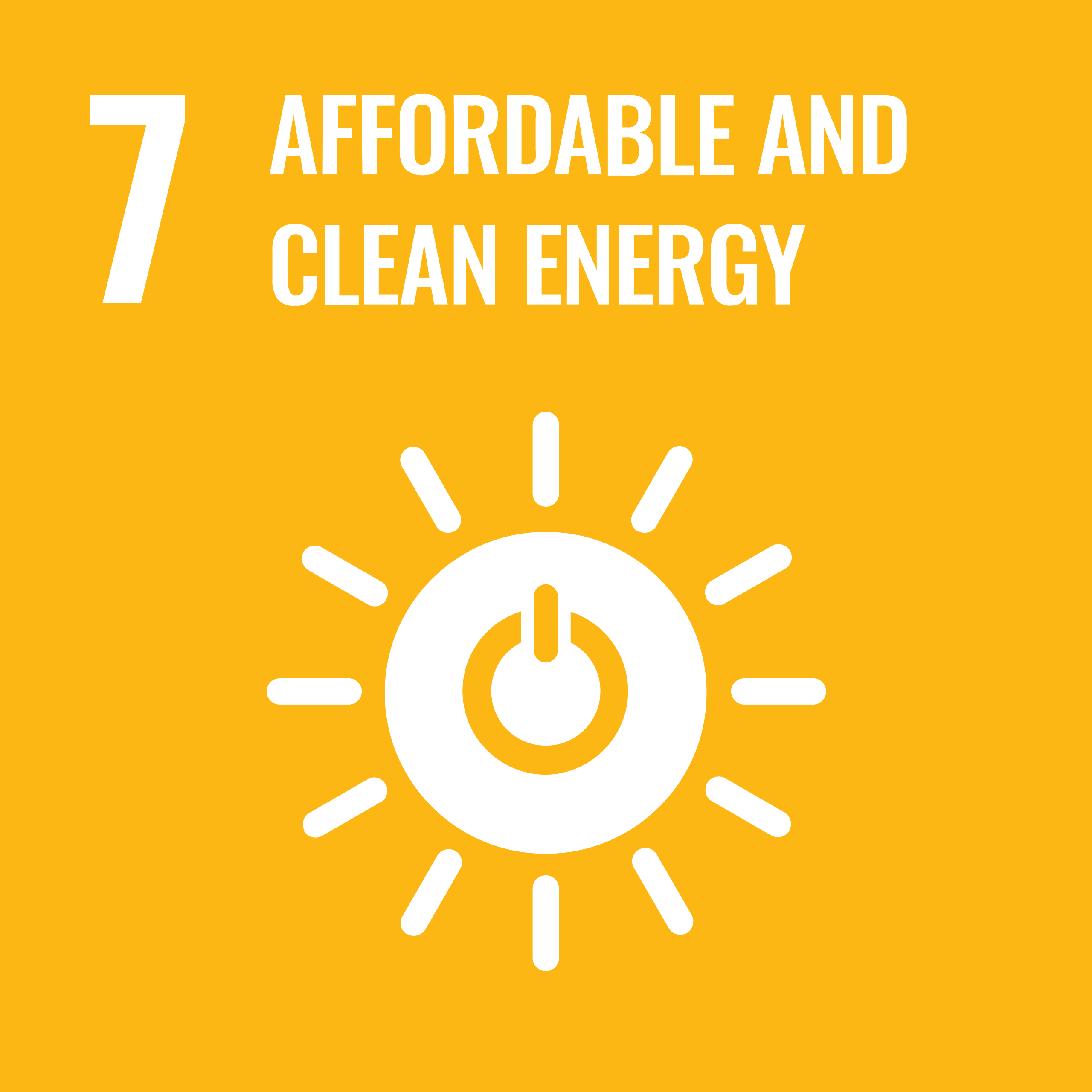 UN Sustainable Development Goal 7. "Affordable and clean energy" with a power logo within a sun symbol on yellow background.