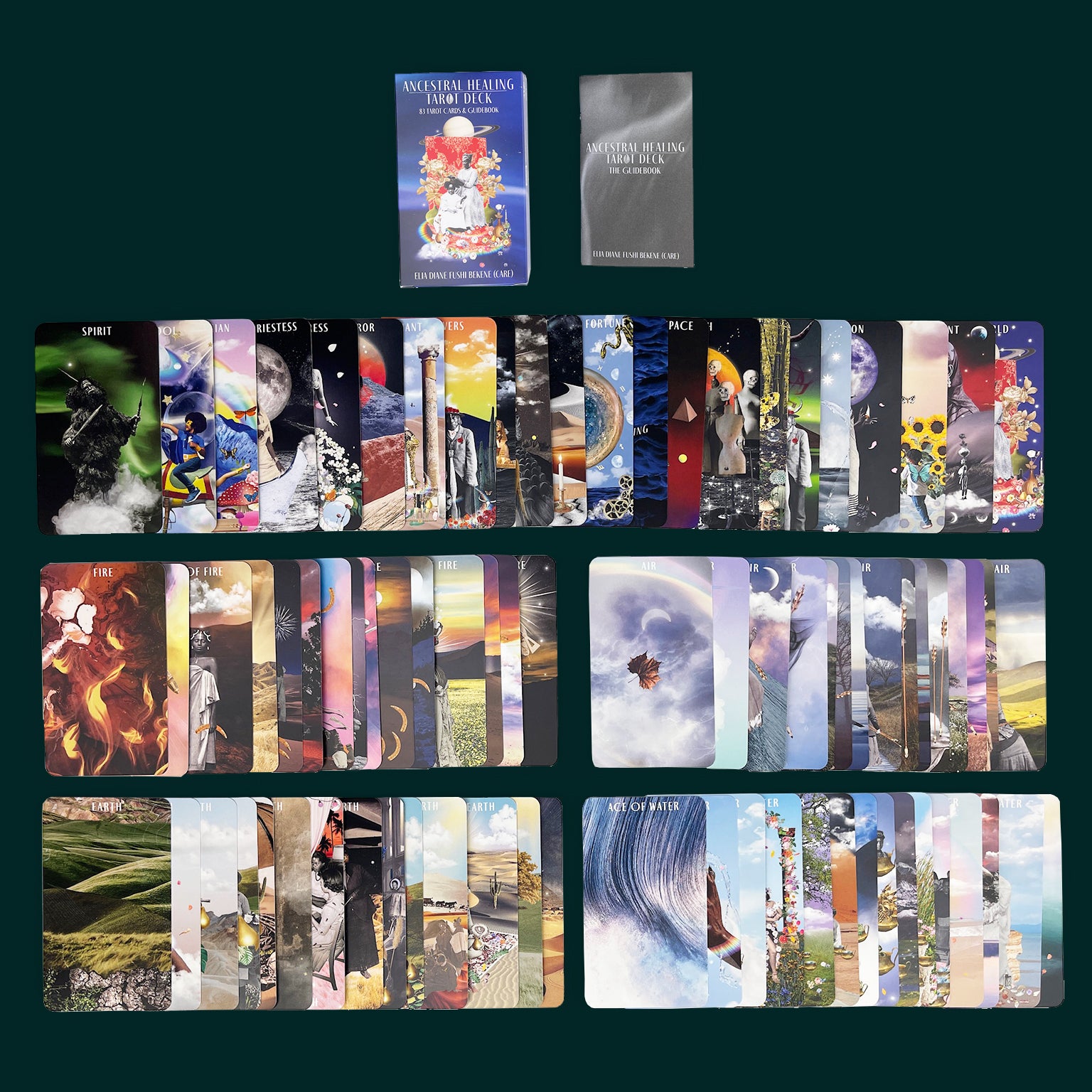 Against a dark green background are the contents of The Ancestral Healing Tarot Deck. On top is the box and guidebook, and then rows of the cards laid out: The Major Arcana, Fire, Air, Earth, and Water.