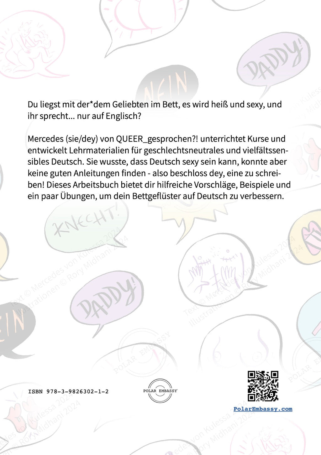 Rückseite vom Bettgeflüster Arbeitsbuch mit QR-Code, ISBN und Zitaten wie “Daddy” – dein Erotik-Sprachführer auf Deutsch.