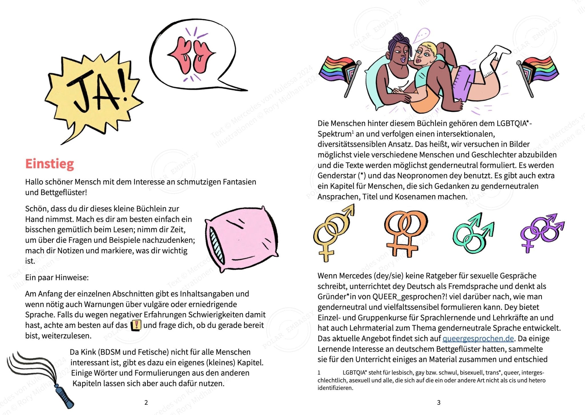 Illustration aus dem Erotik-Sprachführer Deutsch: queeres Paar zwischen Pride-Flaggen und vielfältigen Geschlechtersymbolen.