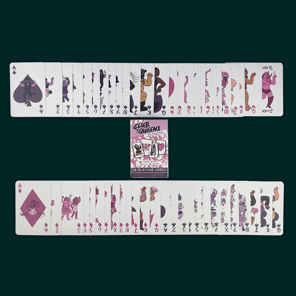 Playing cards with unique designs on a dark green background