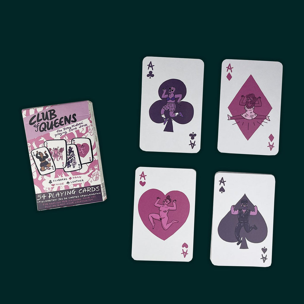 Set of playing cards with queer and trans character illustrations on a dark green background